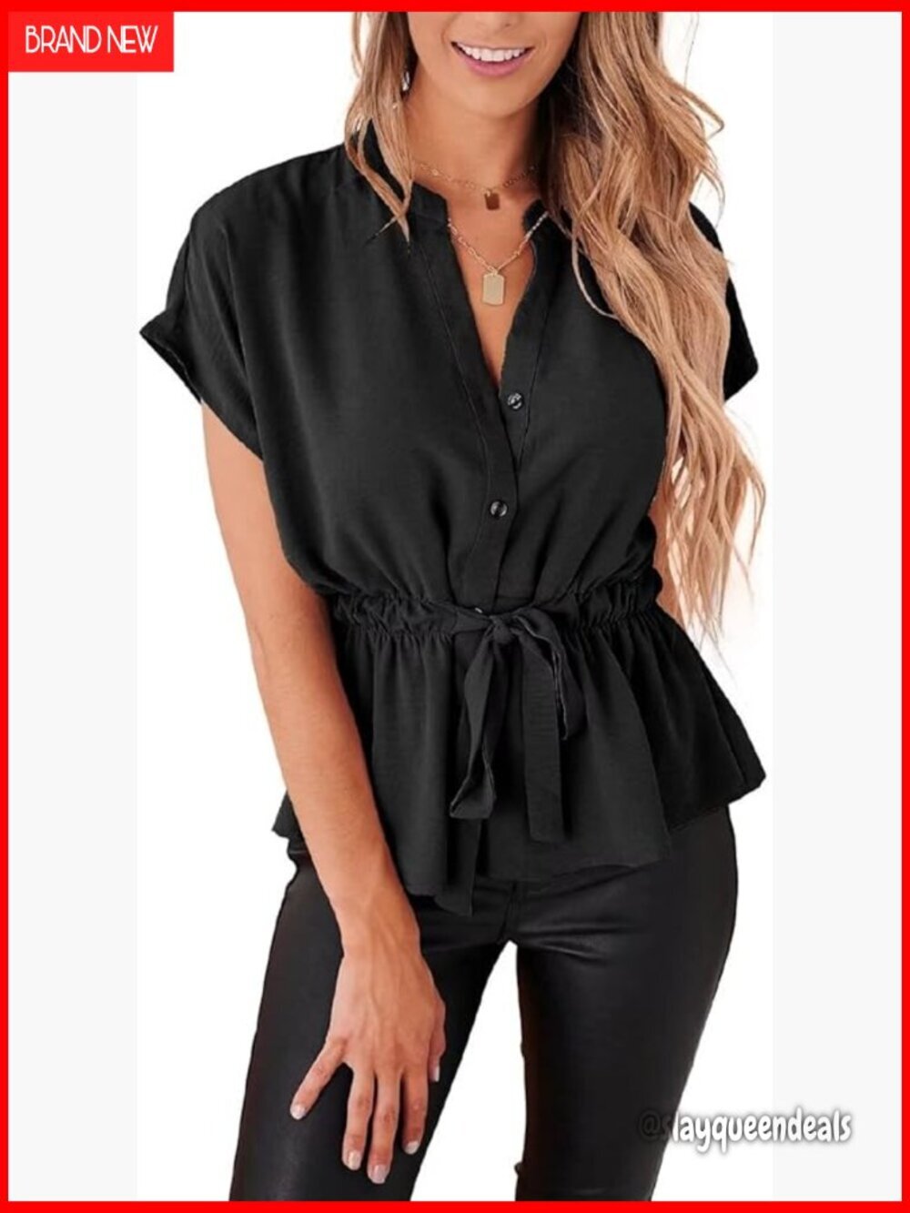 Peplum Button Down Blouse Short Sleeve Chiffon Work Top Loose Fit